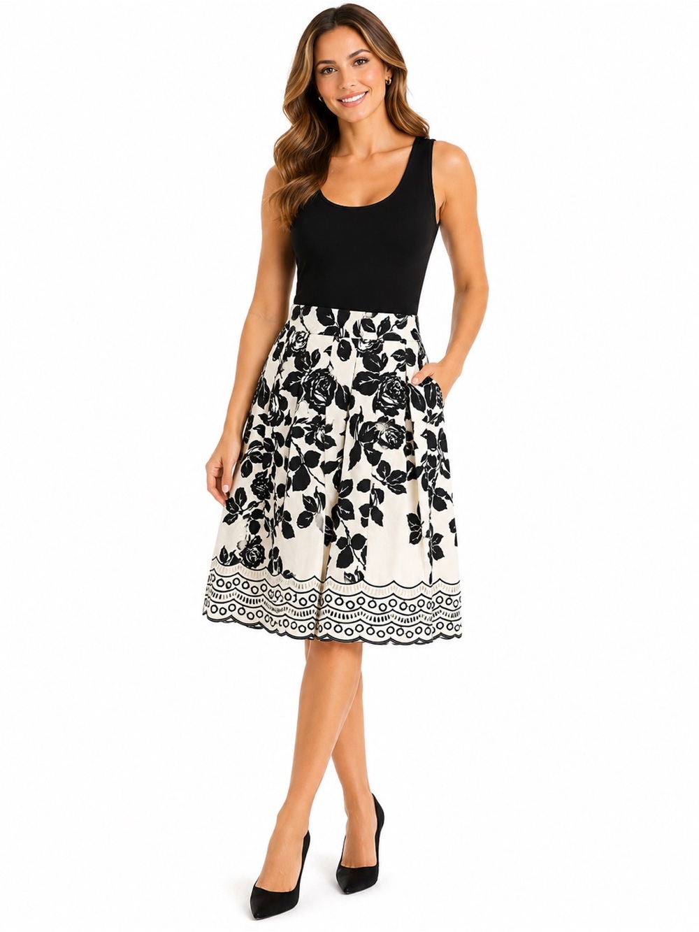 Talbots Black White Floral A-Line Skirt SZ 6 Embroidered Eyelet Hem‎ Cotton Midi